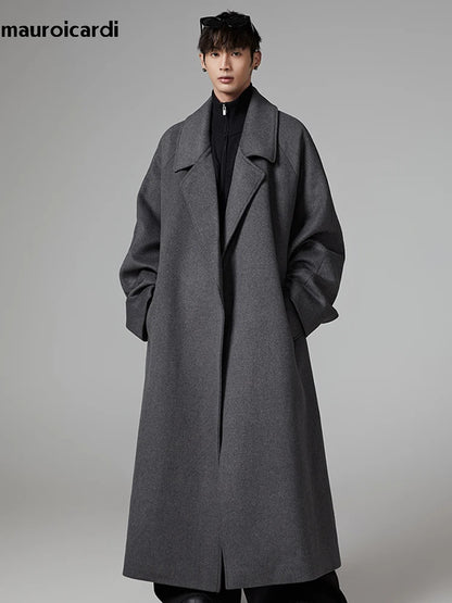 Mauroicardi Autumn Winter Oversized Extra Long Warm Gray Wool Blends Coat Men Sashes Raglan Sleeve Luxury Woolen Overcoat 2024
