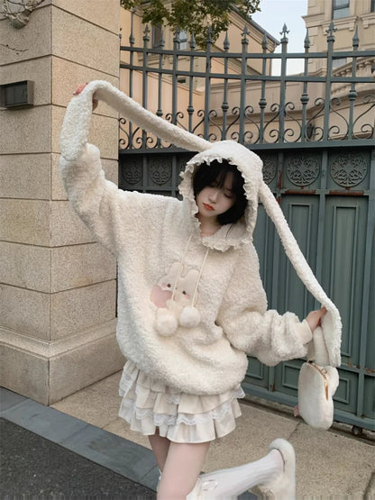 Winter Design Sense Hoodies Warm Rabbit Long Ears Women Sweatshirt Girl Lolita Hooded Zip-up Casual Sweatshirts Harajuku Hoodie