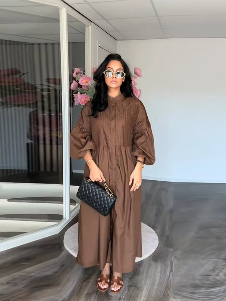 Casual Long Dress Women Solid Loose O Neck Single Breasted Full Lantern Sleeve High Waist Robe 2026 Spring Fashion Dresses Lady