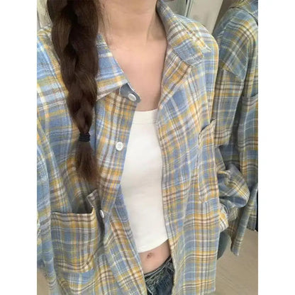 Retro Loose Lazy Plaid Shirt Women Early Autumn New Korean Version Casual Simple Long Sleeve Outer Commute Small Shirt