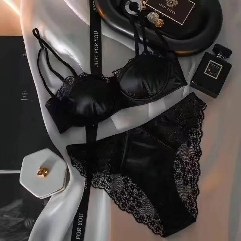 French Half Cup Lace Underwired Bra Set Ladies Thin Push Up Gather Fit No Gap Small Bust Comfortable Sexy Lingerie Two Piece Set