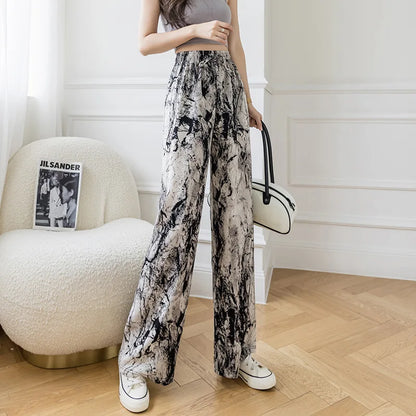 Summer Casual Loose Wide Leg Pants Women's Tie Dye Ink Ice Silk Loose Leopard Print Ethnic Style Long Pants Casual Trousers