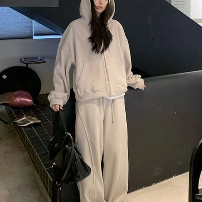 Korean Lazy Style Women's Thickened Fleece Sports Suit Two-Piece Set Casual Wide Leg Pants Hoodie Autumn Winter Fashion