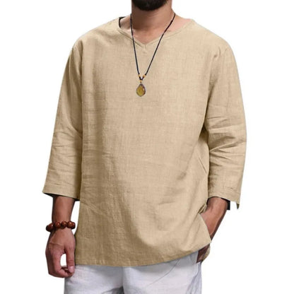 Men's Long Sleeve Loose Shirts Summer Solid Color Casual Shirt High Quality Plus Size V-Neck Shirt Male Clothing 2026