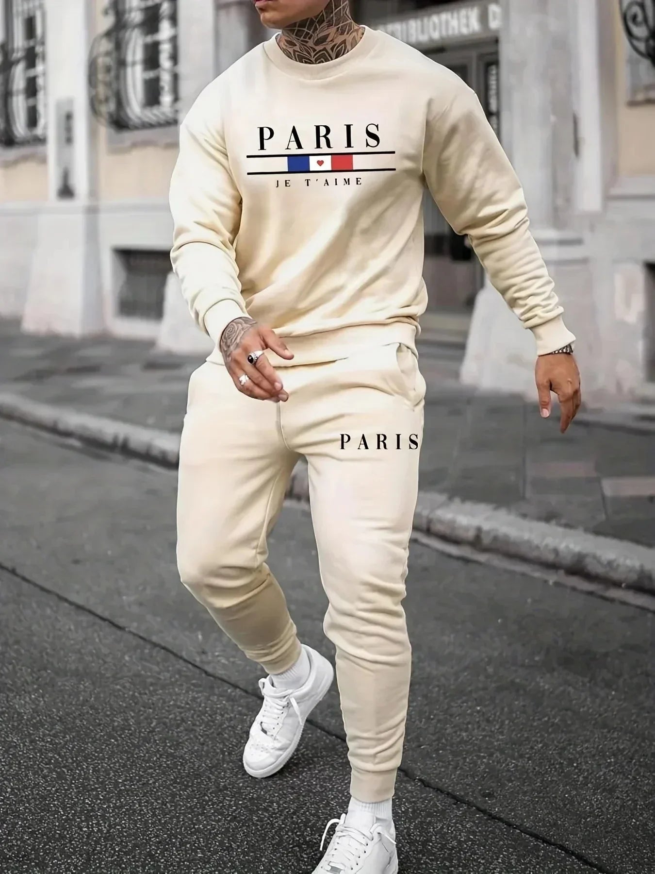 Autumn Winter 2-piece set 100_Cotton Printed Sweater round-neck sweatshirt Paris, France Print tapered pants Men's Oversized Y2K