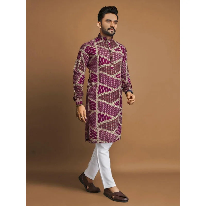 Men Digital Printed Kurta Vardha Regular Fit Mandarin Collar Long Suitable All Occasions Such Wedding Hari Raya Aidilfitri