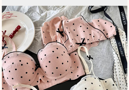 Ensemble Soutien-Gorge French Coquette à Pois Sans Armature, Effet Push Up Pour Petite Poitrine Forme Pêche, Confortable et Sexy