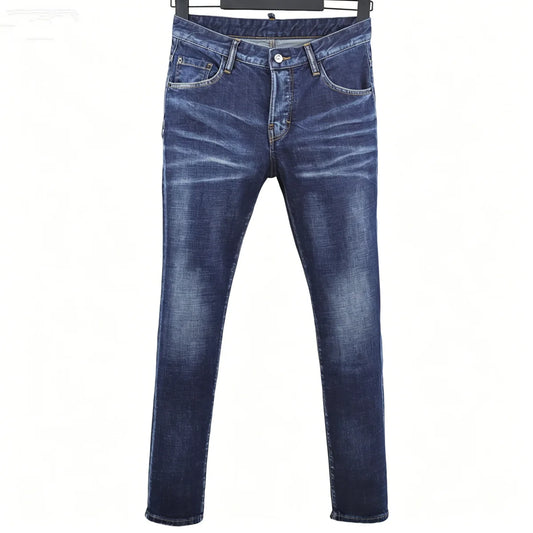 6057 Four Seasons New Men's Wear Washed Ripped Patch Paint Slim-fit Feet Blue Jeans for Men