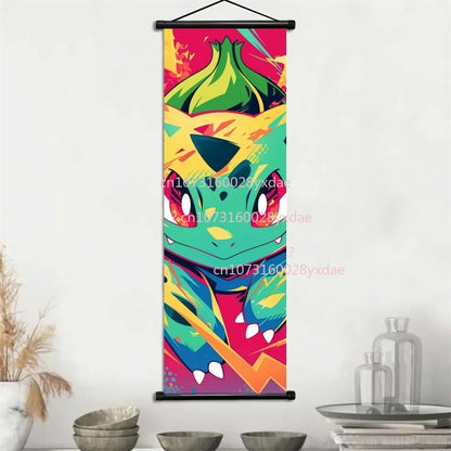 Anime Pokemon Scroll Painting Bulbasaur Charmander Squirtle Poster and Print Watercolor Wall Art Picture Home Decor Kids Gifts