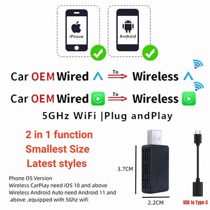 2 IN 1 CarPlay Smart Box Wired to Wireless Android Auto Adapter Car Play Dongle For Car Has CarPlay Android Auto Used by Cable
