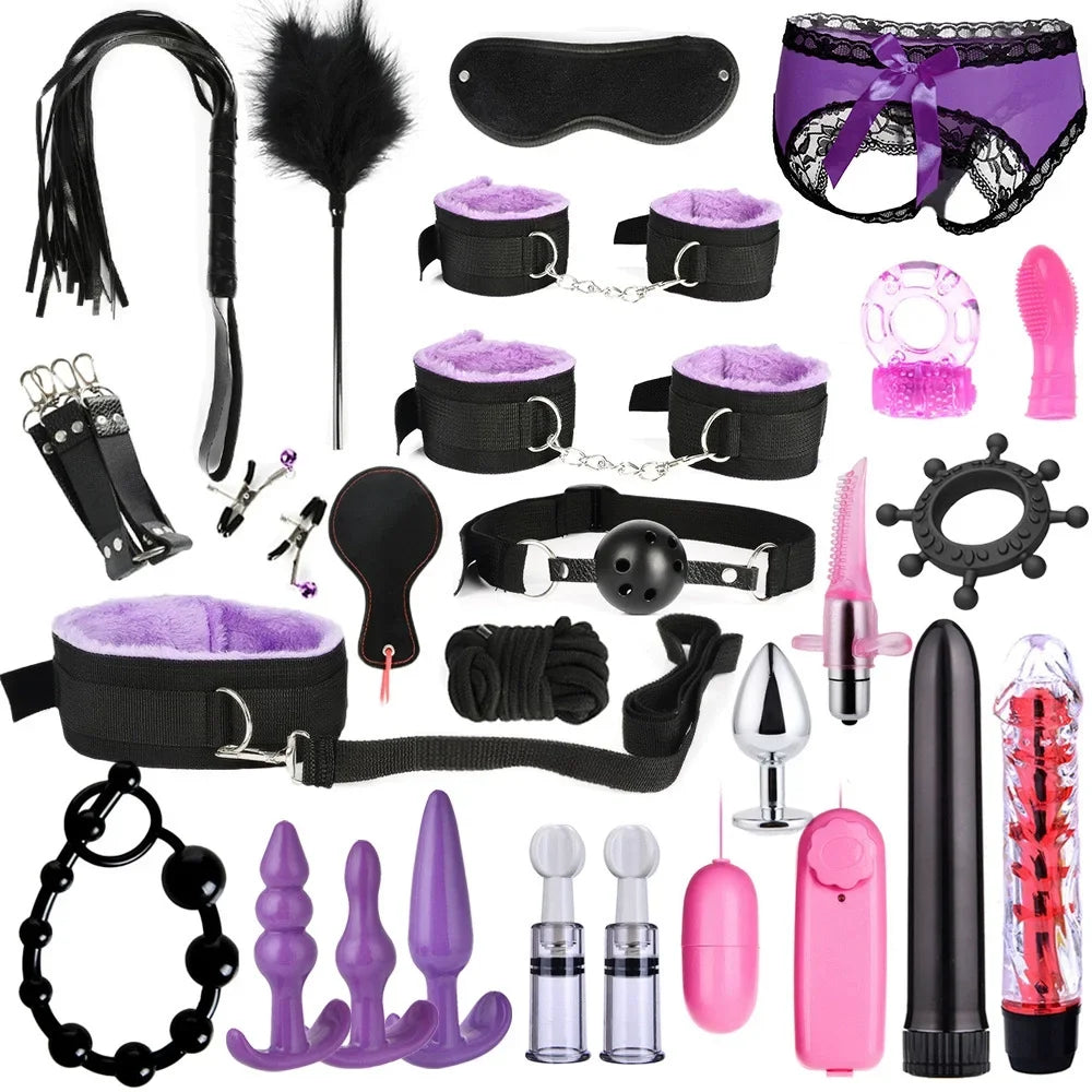 Sex Products Erotic Toys for Adults BDSM Sex Bondage Set Handcuffs Nipple Clamps Gag Whip Rope Sex Toys For Couples