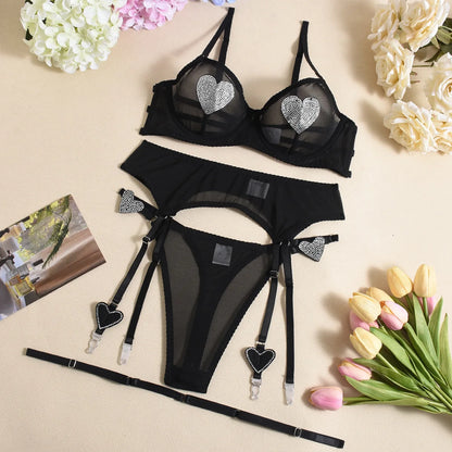 Ellolace Daring Women's Lingerie Sets Fancy Sexy Bra Belt Thong 3PC with Leg Circles Romantic Heart Rhinestone Women Underwear