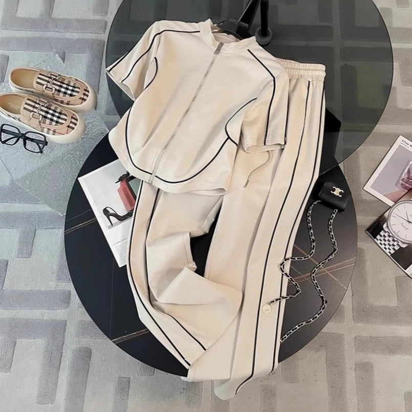 Fashion Sportswear Set for Women's Summer New Style Western-style Age Reducing Korean Casual Wide Leg Pants Two-piece Set