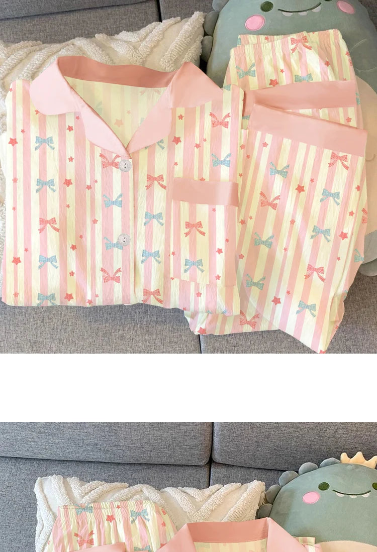 Girls Stripe Sleepwear Women's  Knot Star Long Sleeve Long Pants Korean Style Sweet Crepe Home Clothes Set