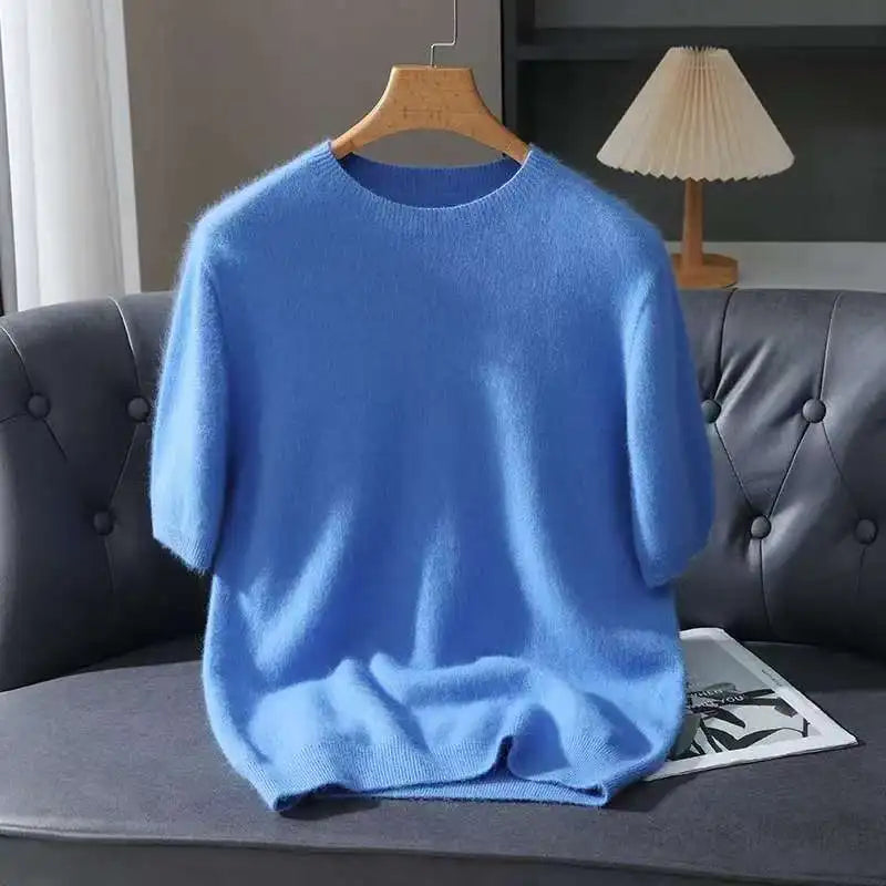 Spring Autumn 100% Mink Cashmere Short Sleeve Men's T-Shirt Loose O-Neck Solid Color Knit Sweater Casual Business Base Pullover