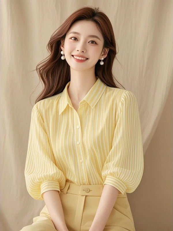 Elegant  Collar Striped Shirt Women's Summer 2025 New Style Lantern Sleeve Commute Top Trendy Loose Fit Seven Sleeve