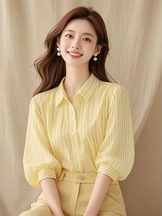 Elegant  Collar Striped Shirt Women's Summer 2025 New Style Lantern Sleeve Commute Top Trendy Loose Fit Seven Sleeve