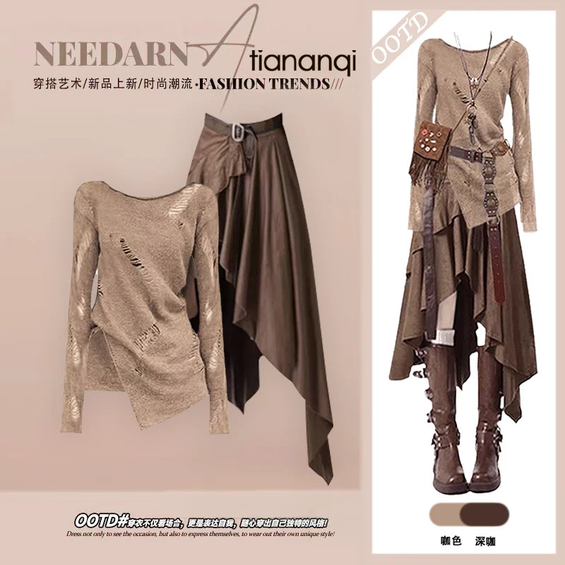 Fall Travel Set Women's Vintage Spicy Hollow Knitted Top with Mellerd Asymmetrical  Skirt Two-Piece Set Casual Style