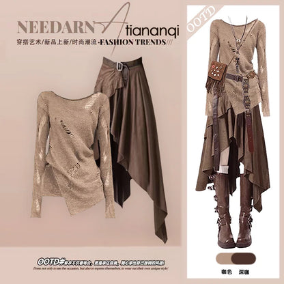 Fall Travel Set Women's Vintage Spicy Hollow Knitted Top with Mellerd Asymmetrical  Skirt Two-Piece Set Casual Style