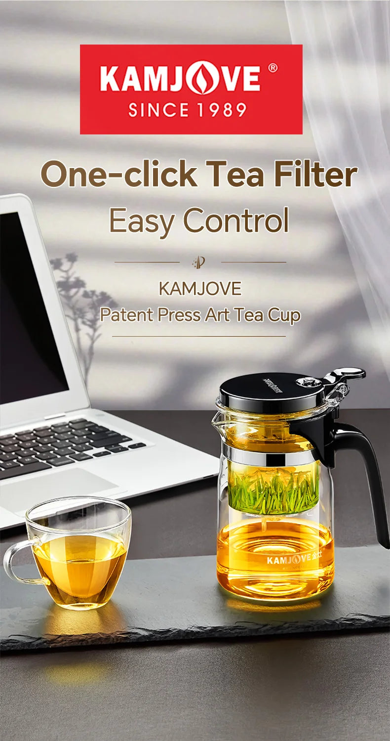 KAMJOVE Teapot Infuser Glass Tea Set One-button Filtering Tea Separation Kettle Tea Coffee Maker Press AUTO-OPEN Art Tea Cup