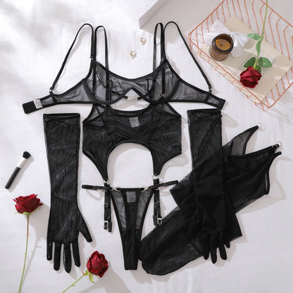 Ellolace Solid Women's Lingerie Sets Seductive See Through Bra Belt Thong 3PC with glovs stockings Sissy Sexy Women's Underwear