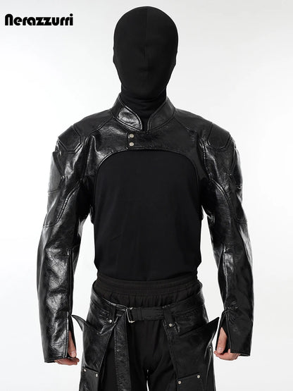 Nerazzurri Spring Autumn Cool Short Black Pu Leather Jacket Men Shoulder Pads Zipper Cropped Menswear Runway European Fashion