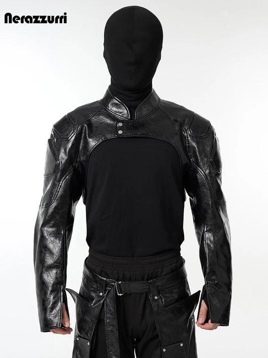 Nerazzurri Spring Autumn Cool Short Black Pu Leather Jacket Men Shoulder Pads Zipper Cropped Menswear Runway European Fashion