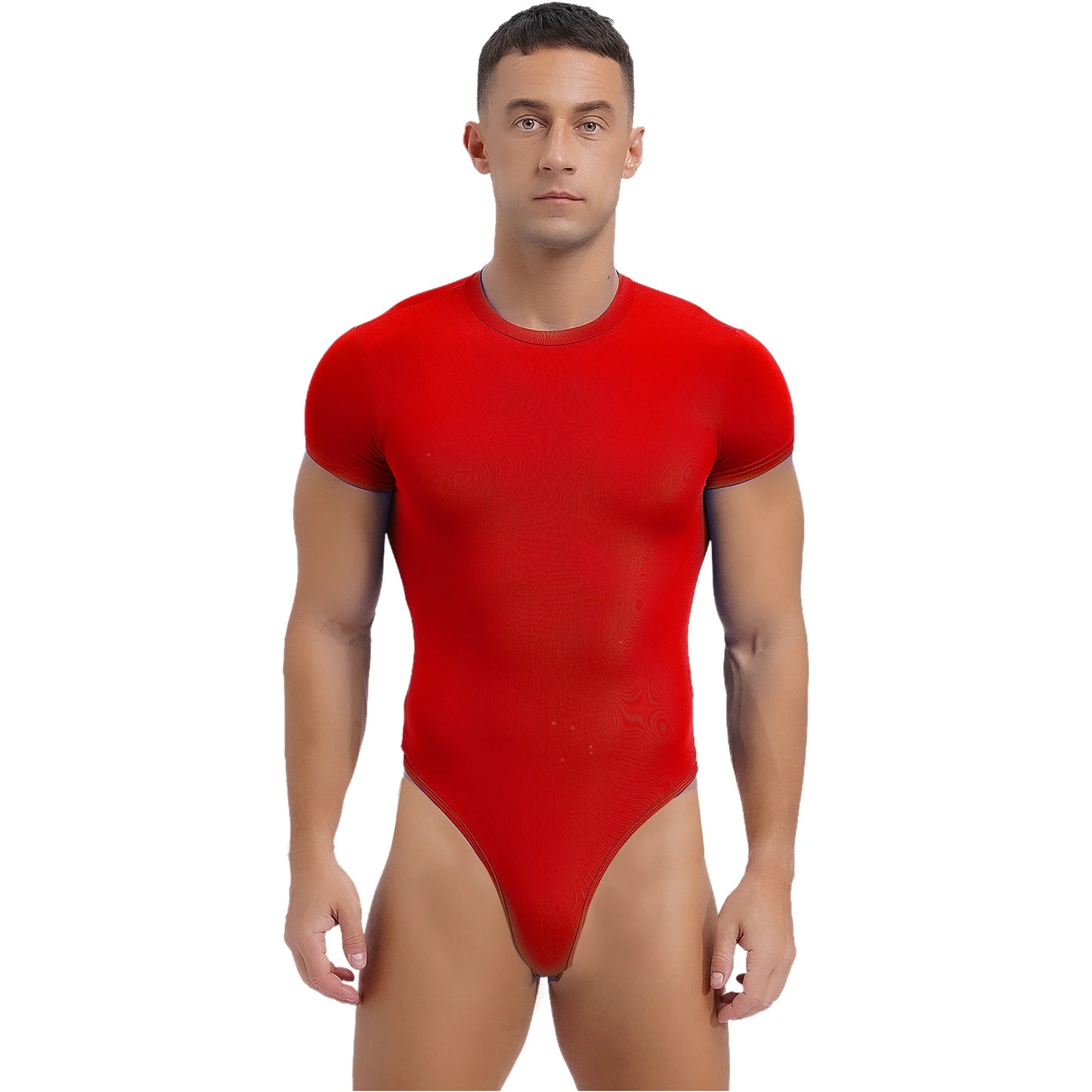 Mens Athletic Bodysuit Shirt Round Neck Short Sleeve High Cut Leotard Button Crotch Jumpsuit Rompers Bodybuilding Yoga Underwear