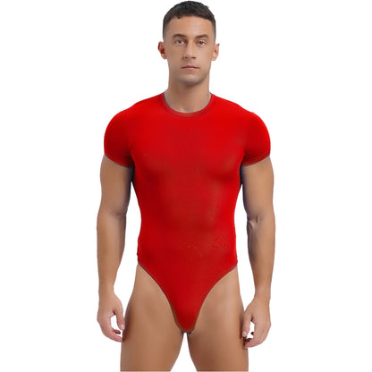 Mens Athletic Bodysuit Shirt Round Neck Short Sleeve High Cut Leotard Button Crotch Jumpsuit Rompers Bodybuilding Yoga Underwear
