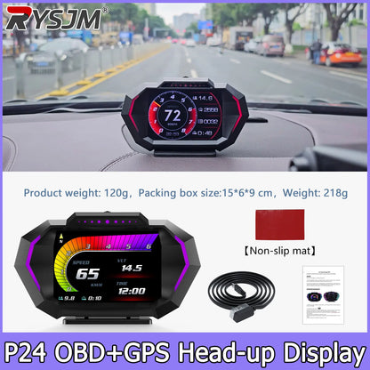 Digital Speedometer Slope Meter HUD P24 OBD2+GPS Head Up Display On Board Computer Multi-Function  Fuel Level Oil Press Consump