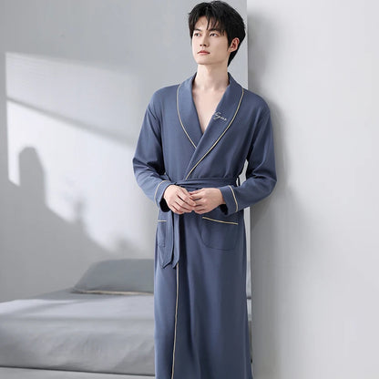 Spring Autumn Bathrobe Men 100% Cotton sleep top Kimono Robes For Male Solid Robes Long Bath Robe Bridegroom Robe Dressing Gown
