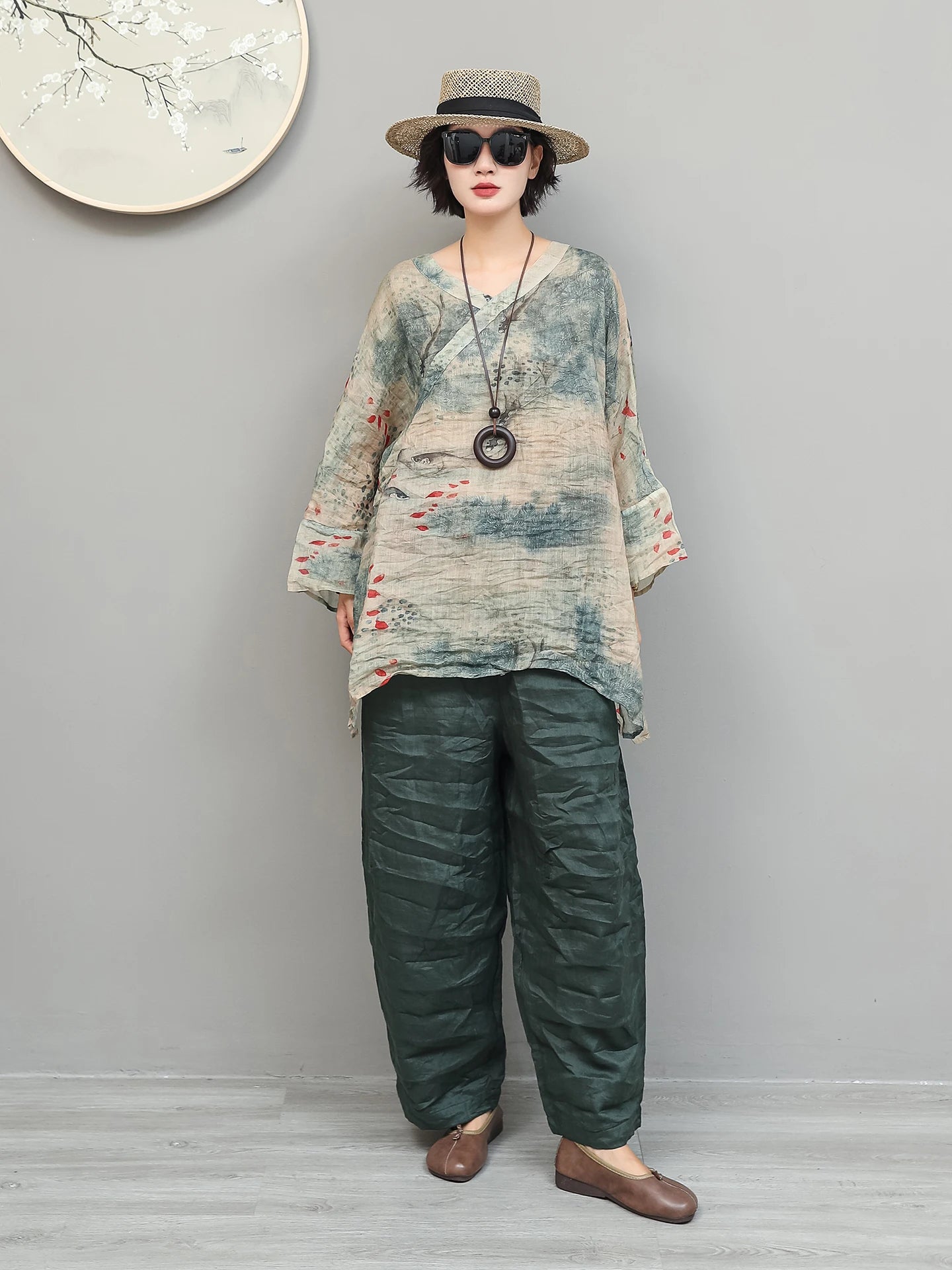 Artistic Ramie Suit Women Summer Printed Lightweight V-neck Mid-length Top + Loose Pants Two-piece Set XY307