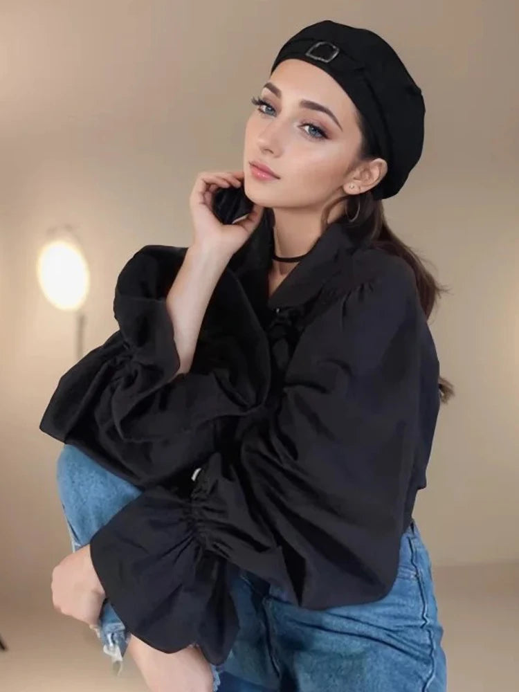 Zadily 2025 Summer Women's Lolita Ruffle Trim High Neck Shirt Lace-Up Lantern Sleeves Fitted Waist Vintage Elegant Party Blouse