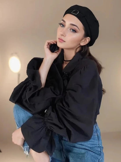 Zadily 2025 Summer Women's Lolita Ruffle Trim High Neck Shirt Lace-Up Lantern Sleeves Fitted Waist Vintage Elegant Party Blouse