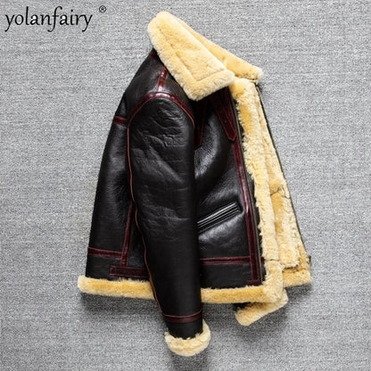 2023 Men's Real Fur Aviator Leather Jacket High Quality B3 Thick Winter Heavy Bomber Jackets For Men Retro Sheepskin Wool Coats