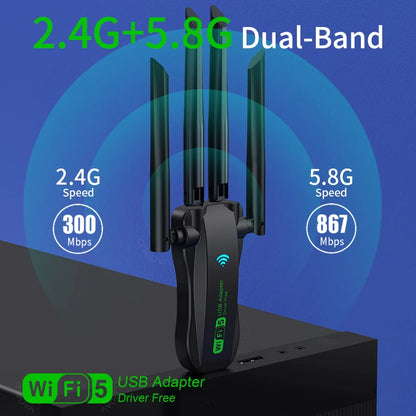 Dual Band 1200Mbps WiFi USB Adapter 2.4G/5.8Ghz Wi-Fi5 Dongle 4 Antenna USB3.0 Wireless Receiver For PC/Laptop No CD Driver Free