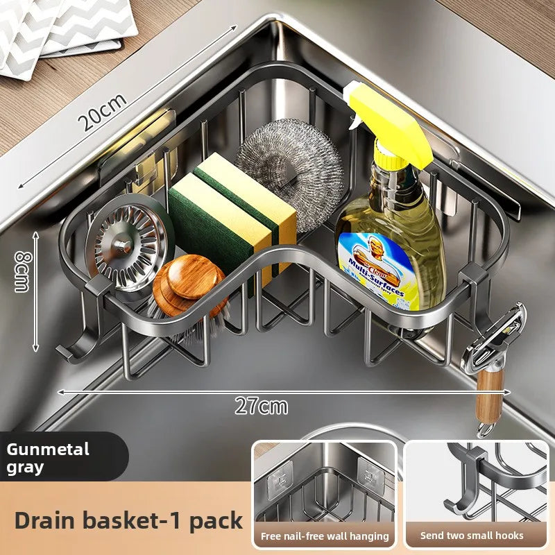 Kitchen Carbon Steel Sink Drain Rack No-Punching Wall Mounted Corner Dishcloth Storage Rack Waterproof Space Saving