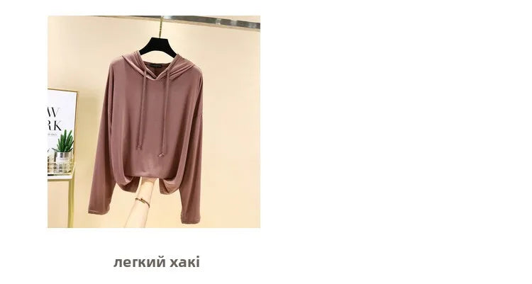 Spring Summer New Modal Long Sleeve Hoodie T-Shirt Women plus Size Loose Base Shirt Slimming Sun Protection Top Korean Style