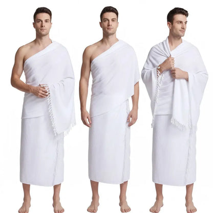 Men's Hajj Ihram 2 Piece Set Solid White Towel Suit Authentic Pilgrimage Attire for Umrah