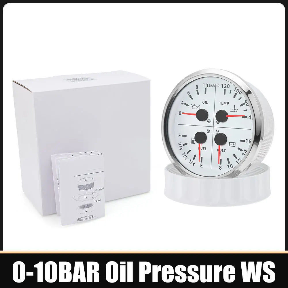 110mm 4 In 1 Gauge 0-150PSI / 0-10BAR Oil Pressure Gauge Water Temperature Fuel Level Voltmeter Light Alarm for Car Boat Yacht