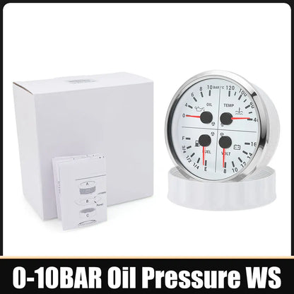 110mm 4 In 1 Gauge 0-150PSI / 0-10BAR Oil Pressure Gauge Water Temperature Fuel Level Voltmeter Light Alarm for Car Boat Yacht