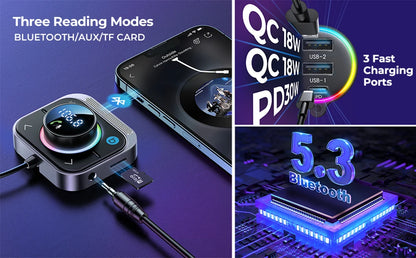 Joyroom Bluetooth 5.3 FM Transmitter AUX Car Adapter Audio FM Transmitter Bass Boost 3 Ports PD&QC 3.0 FM Bluetooth Fast Charger