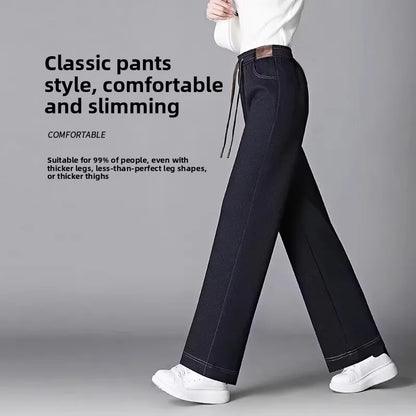 High Waist Thickened Fleece Lined Wide Leg Jeans Women's Casual Straight Cut Trousers Autumn Winter New Style Slimming Effect