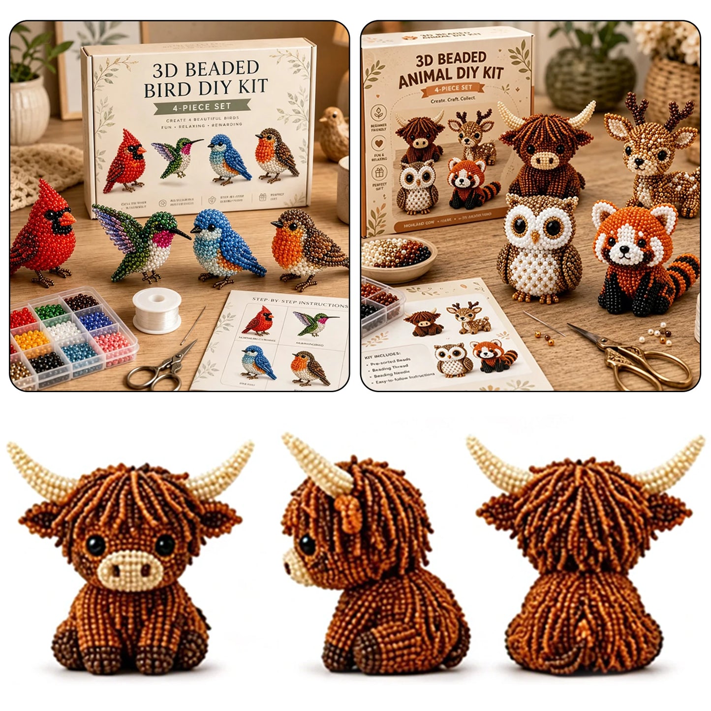 DIY 3D Animals Bead Embroidery Set with Colorful Beads Beadwork Crafts Kit for Home Studio Teens Girls Women Enthusiasts
