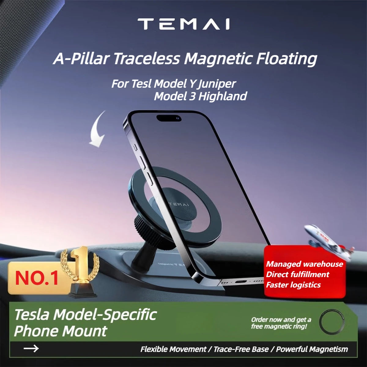 TEMAI A-Pillar Traceless Magnetic Floating Mount for Tesla Model 3 Highland Model Y/YL Juniper, Stylish Phone Mount