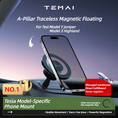 TEMAI A-Pillar Traceless Magnetic Floating Mount for Tesla Model 3 Highland Model Y/YL Juniper, Stylish Phone Mount