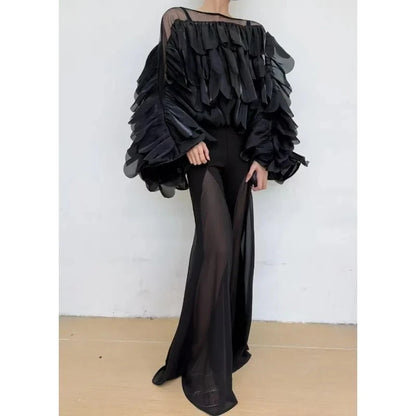 Women's Spring Autumn Tops Shirt Bat Sleeve Ruffle Irregular New Retro Simple Comfortable Loose Casual New Soft Niche Versatile