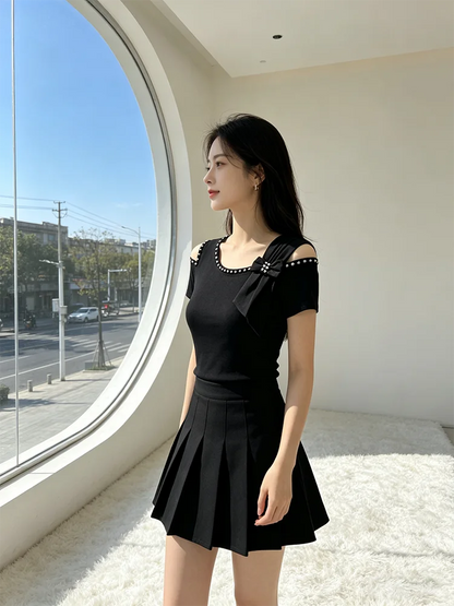 Summer New Off Shoulder Short sleeved T-shirt Korean Fashion Diamond Tops Slim Style Bowknot Women Shirt