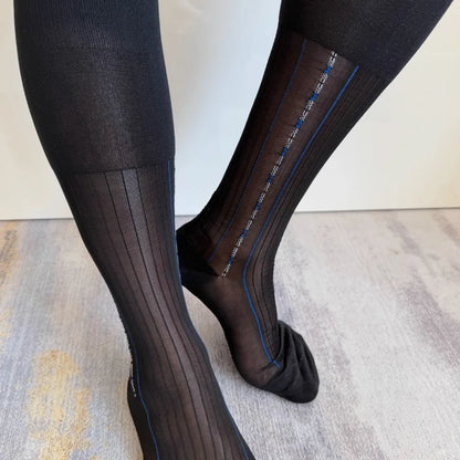 Brand Man Socks Men Transparent Sexy Stockings Ultra-thin Hight Tube Socks Sheer Elastic Striped Business Socks Formal Stockings