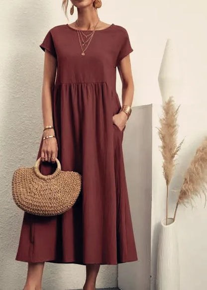 Women Vintage Solid Dress 2023 Summer Elegant O Neck Short Sleeve Cotton Linen Dresses Female Casual Loose Sundress Long Dress